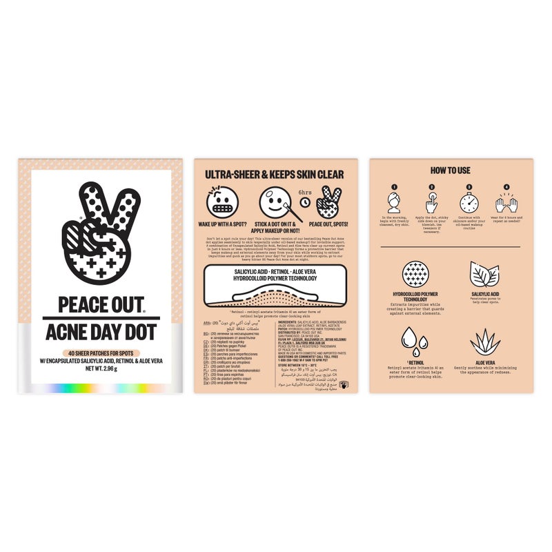 PEACE OUT Acne Day Dot, Sheer Acne Healing Dots, Virtually Invisible Wear, Hydrocolloid Pimple Patches Helps Clear Blemishes Quickly with Encapsulated Salicylic Acid, Retinol & Aloe Vera, 40 dots - Image 2